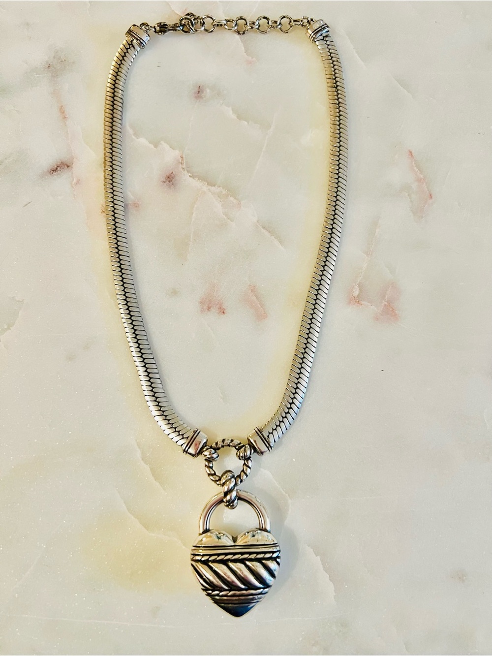 Brighton Silver-tone Puffy Heart Padlock Statement Necklace/Snake Chain Vintage